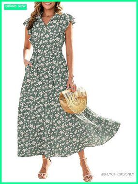 Self-tie V Neck High Waist Ruffle Cap Sleeve Maxi Dress with Pockets